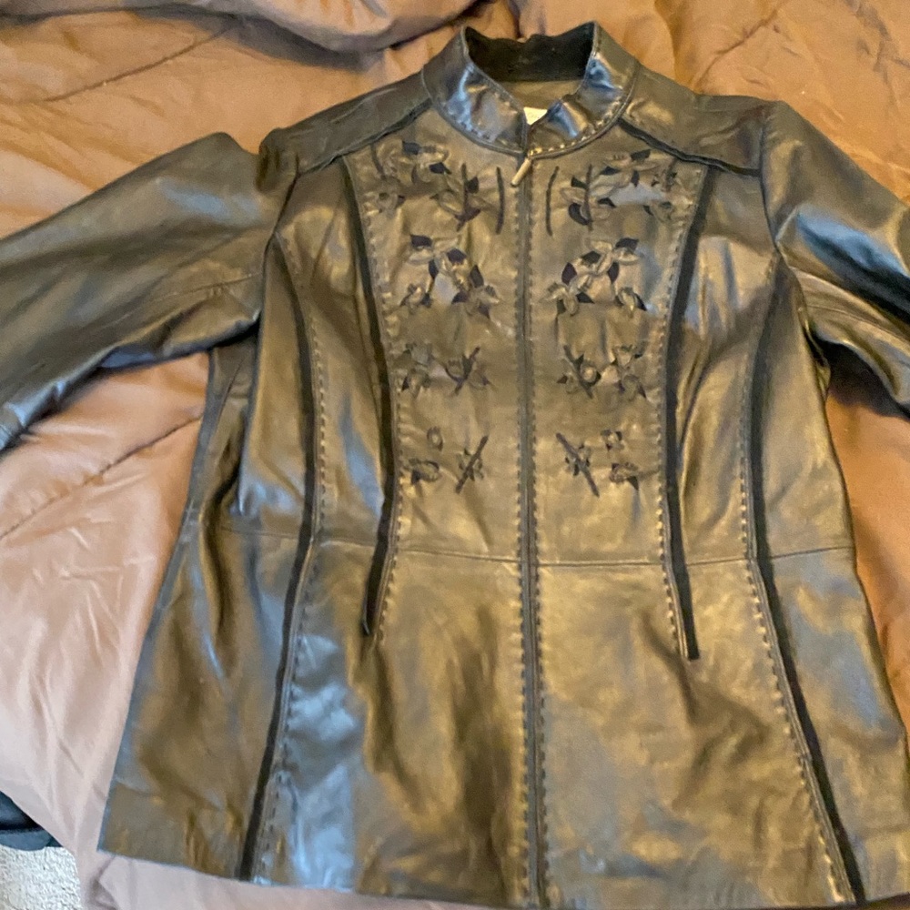 EC Black Long  sleeve leather coat with cross stitch design worn once